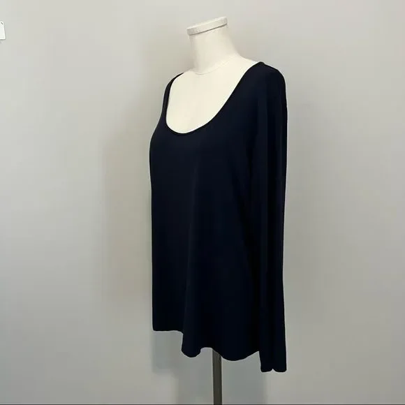 Eileen Fisher Navy Blue Long Sleeve Scoop Neck T-Shirt - Picture 3 of 10